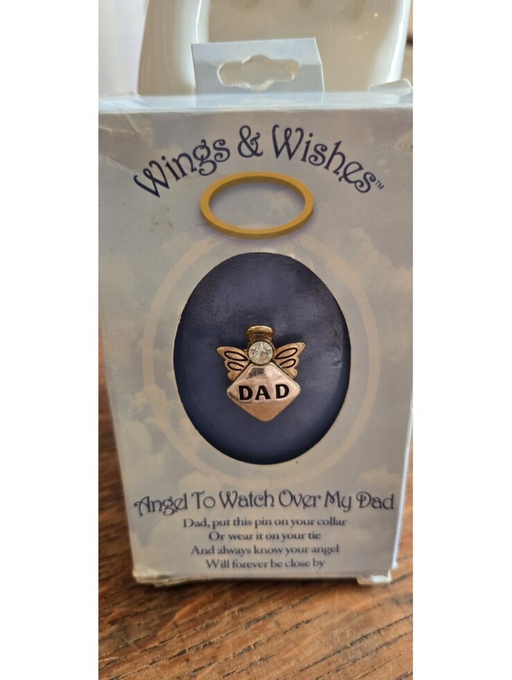 Wings & Wishes Dad Brooch Pin Gold Tone Angel of Rhinestones Original Box 3/4"